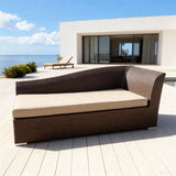 TYSF2609 Black Rattan Wave-Shaped Single Outdoor Chaise Lounge with Cream Cushions & Blush Pillow – Algarve Portugal Coastal Terrace Luxury Relaxed Outdoor Chaise