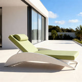 TYSF2610 White Rattan Curved Adjustable Outdoor Sun Lounger with Avocado Green Cushions & Neck Pillow – Mallorca Spain Coastal Terrace Luxury Relaxed Outdoor Reclining Sunbed