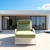 TYSF2610 White Rattan Curved Adjustable Outdoor Sun Lounger with Avocado Green Cushions & Neck Pillow – Mallorca Spain Coastal Terrace Luxury Relaxed Outdoor Reclining Sunbed