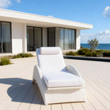 TYSF2610 White Rattan Curved Adjustable Outdoor Sun Lounger with Avocado Green Cushions & Neck Pillow – Mallorca Spain Coastal Terrace Luxury Relaxed Outdoor Reclining Sunbed