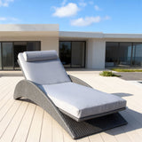TYSF2610 White Rattan Curved Adjustable Outdoor Sun Lounger with Avocado Green Cushions & Neck Pillow – Mallorca Spain Coastal Terrace Luxury Relaxed Outdoor Reclining Sunbed