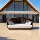 TYSF2612 Dark Brown Rattan Dome Enclosed Outdoor Double Sofa with All-White Cushions & Pillows – Uluwatu Bali Coastal Terrace Luxury Private Outdoor Dome Sofa