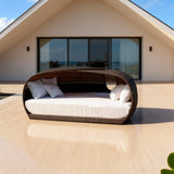 TYSF2612 Dark Brown Rattan Dome Enclosed Outdoor Double Sofa with All-White Cushions & Pillows – Uluwatu Bali Coastal Terrace Luxury Private Outdoor Dome Sofa