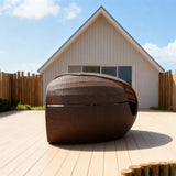 TYSF2612 Dark Brown Rattan Dome Enclosed Outdoor Double Sofa with All-White Cushions & Pillows – Uluwatu Bali Coastal Terrace Luxury Private Outdoor Dome Sofa