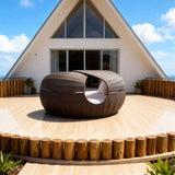 TYSF2612 Dark Brown Rattan Dome Enclosed Outdoor Double Sofa with All-White Cushions & Pillows – Uluwatu Bali Coastal Terrace Luxury Private Outdoor Dome Sofa