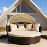 TYSF2613 Dark Brown Rattan Round Enclosed Outdoor Daybed with Cream Canopy, Cushions & Pillows – Phuket Thailand Coastal Terrace Luxury Private Outdoor Round Daybed