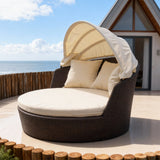 TYSF2613 Dark Brown Rattan Round Enclosed Outdoor Daybed with Cream Canopy, Cushions & Pillows – Phuket Thailand Coastal Terrace Luxury Private Outdoor Round Daybed