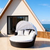 TYSF2613 Dark Brown Rattan Round Enclosed Outdoor Daybed with Cream Canopy, Cushions & Pillows – Phuket Thailand Coastal Terrace Luxury Private Outdoor Round Daybed