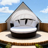 TYSF2613 Dark Brown Rattan Round Enclosed Outdoor Daybed with Cream Canopy, Cushions & Pillows – Phuket Thailand Coastal Terrace Luxury Private Outdoor Round Daybed