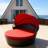 TYSF2613 Dark Brown Rattan Round Enclosed Outdoor Daybed with Cream Canopy, Cushions & Pillows – Phuket Thailand Coastal Terrace Luxury Private Outdoor Round Daybed