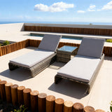 TYSF2616 Grey Rattan Double Adjustable Outdoor Sun Lounger Set with Side Table & Dark Grey Cushions – Mykonos Greece Coastal Terrace Luxury Relaxed Outdoor Reclining Sunbed Set