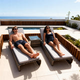 TYSF2616 Grey Rattan Double Adjustable Outdoor Sun Lounger Set with Side Table & Dark Grey Cushions – Mykonos Greece Coastal Terrace Luxury Relaxed Outdoor Reclining Sunbed Set