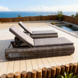 TYSF2616 Grey Rattan Double Adjustable Outdoor Sun Lounger Set with Side Table & Dark Grey Cushions – Mykonos Greece Coastal Terrace Luxury Relaxed Outdoor Reclining Sunbed Set
