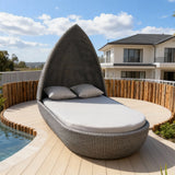 TYSF2618 Grey Rattan Pointed Dome Double Outdoor Daybed with Dark Grey Cushions & Pillows – Newport Beach California Coastal Terrace Luxury Private Outdoor Dome Daybed