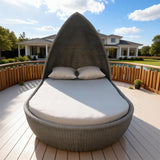 TYSF2618 Grey Rattan Pointed Dome Double Outdoor Daybed with Dark Grey Cushions & Pillows – Newport Beach California Coastal Terrace Luxury Private Outdoor Dome Daybed