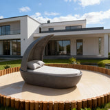 TYSF2618 Grey Rattan Pointed Dome Double Outdoor Daybed with Dark Grey Cushions & Pillows – Newport Beach California Coastal Terrace Luxury Private Outdoor Dome Daybed