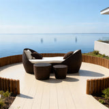 TYSF2619 Dark Brown Rattan Double Enclosed Outdoor Sofa Set with Nesting Side Tables, Cream Cushions & Pillows – Amalfi Coast Italy Coastal Terrace Luxury Private Outdoor Sofa Set