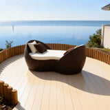 TYSF2619 Dark Brown Rattan Double Enclosed Outdoor Sofa Set with Nesting Side Tables, Cream Cushions & Pillows – Amalfi Coast Italy Coastal Terrace Luxury Private Outdoor Sofa Set