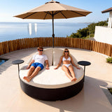 TYSF2624 Black Rattan Round Double Outdoor Daybed Set with Sun Umbrella, Side Tables & Cream Cushions – Hvar Island Croatia Coastal Terrace Luxury Private Outdoor Round Daybed Set