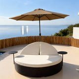 TYSF2624 Black Rattan Round Double Outdoor Daybed Set with Sun Umbrella, Side Tables & Cream Cushions – Hvar Island Croatia Coastal Terrace Luxury Private Outdoor Round Daybed Set