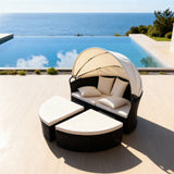 TYSF2627 Black Rattan Modular Enclosed Outdoor Sofa Set with Cream Canopy, Cushions & Ottoman Pieces – Santorini Greece Coastal Terrace Luxury Private Outdoor Sofa Set