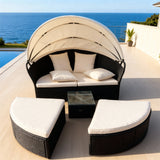 TYSF2627 Black Rattan Modular Enclosed Outdoor Sofa Set with Cream Canopy, Cushions & Ottoman Pieces – Santorini Greece Coastal Terrace Luxury Private Outdoor Sofa Set