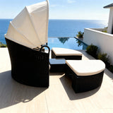 TYSF2627 Black Rattan Modular Enclosed Outdoor Sofa Set with Cream Canopy, Cushions & Ottoman Pieces – Santorini Greece Coastal Terrace Luxury Private Outdoor Sofa Set