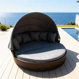 TYSF2628 Dark Brown Rattan Round Enclosed Outdoor Daybed with Dark Grey Canopy, Cushions & Pillows – Malibu California Coastal Terrace Luxury Family Outdoor Round Daybed