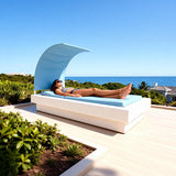 TYSF2630 Grey Rattan Double Adjustable Outdoor Sun Lounger Set with Bright Red Canopies & Cushions – Korcula Croatia Coastal Terrace Luxury Relaxed Outdoor Reclining Sunbed Set