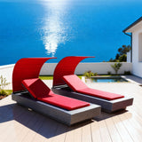 TYSF2630 Grey Rattan Double Adjustable Outdoor Sun Lounger Set with Bright Red Canopies & Cushions – Korcula Croatia Coastal Terrace Luxury Relaxed Outdoor Reclining Sunbed Set