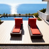 TYSF2630 Grey Rattan Double Adjustable Outdoor Sun Lounger Set with Bright Red Canopies & Cushions – Korcula Croatia Coastal Terrace Luxury Relaxed Outdoor Reclining Sunbed Set