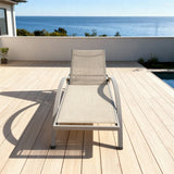TYSF2635 Light Grey Metal Frame Beige Mesh Adjustable Armrest Outdoor Sun Lounger – Capri Italy Coastal Terrace Luxury Relaxed Outdoor Reclining Sunbed