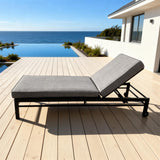 TYSF2636 Black Metal Frame Dark Grey Cushion Adjustable Wheeled Outdoor Sun Lounger – Malibu California Coastal Terrace Luxury Relaxed Outdoor Reclining Sunbed