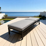 TYSF2636 Black Metal Frame Dark Grey Cushion Adjustable Wheeled Outdoor Sun Lounger – Malibu California Coastal Terrace Luxury Relaxed Outdoor Reclining Sunbed