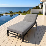 TYSF2636 Black Metal Frame Dark Grey Cushion Adjustable Wheeled Outdoor Sun Lounger – Malibu California Coastal Terrace Luxury Relaxed Outdoor Reclining Sunbed