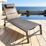 TYSF2637 Dark Grey Metal Frame Dark Grey Mesh Adjustable Wheeled Outdoor Sun Lounger with Headrest – French Riviera Coastal Terrace Luxury Relaxed Outdoor Reclining Sunbed