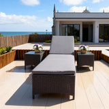 TYSF2614 Dark Grey Rattan Adjustable Outdoor Sun Lounger Set with Matching Side Table & Grey Cushions – Curaçao Caribbean Coastal Terrace Luxury Relaxed Outdoor Reclining Sunbed Set