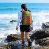 WBP1907 Grey Orange Roll Top Waterproof Dry Backpack with Front Bungee Cord for Hiking Camping