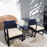 WLSF2502 Black Rattan & Black Metal Frame 2-Piece Outdoor Chair Set with Black Cushions & Glass Side Table – Miami Florida Coastal Terrace Luxury Tropical Outdoor Seating Set