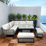 WLSF250302 Dark Grey Rattan & Metal Frame L-Shaped Outdoor Sectional Sofa Set with Fire Pit Coffee Table & Ottomans – Amalfi Coast Italy Coastal Terrace Luxury Social Outdoor Furniture Set