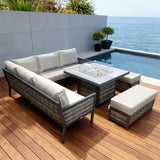 WLSF250302 Dark Grey Rattan & Metal Frame L-Shaped Outdoor Sectional Sofa Set with Fire Pit Coffee Table & Ottomans – Amalfi Coast Italy Coastal Terrace Luxury Social Outdoor Furniture Set