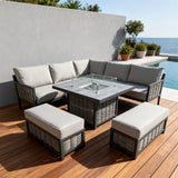 WLSF250302 Dark Grey Rattan & Metal Frame L-Shaped Outdoor Sectional Sofa Set with Fire Pit Coffee Table & Ottomans – Amalfi Coast Italy Coastal Terrace Luxury Social Outdoor Furniture Set