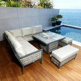 WLSF250302 Dark Grey Rattan & Metal Frame L-Shaped Outdoor Sectional Sofa Set with Fire Pit Coffee Table & Ottomans – Amalfi Coast Italy Coastal Terrace Luxury Social Outdoor Furniture Set