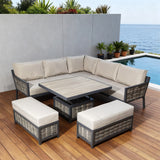 WLSF250304 Dark Grey Rattan & Metal Frame L-Shaped Outdoor Sectional Sofa Set with Lift Coffee Table & Ottomans – Santa Monica California Coastal Terrace Luxury Social Outdoor Furniture Set
