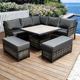 WLSF250304 Dark Grey Rattan & Metal Frame L-Shaped Outdoor Sectional Sofa Set with Lift Coffee Table & Ottomans – Santa Monica California Coastal Terrace Luxury Social Outdoor Furniture Set