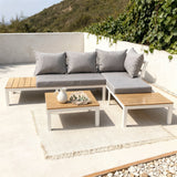 WLSF2506 White Aluminum Frame Light Wood Top L-Shaped Outdoor Sectional Sofa Set with Coffee Table & Ottomans – Mykonos Greece Coastal Terrace Modern Luxury Outdoor Furniture Set