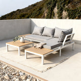 WLSF2506 White Aluminum Frame Light Wood Top L-Shaped Outdoor Sectional Sofa Set with Coffee Table & Ottomans – Mykonos Greece Coastal Terrace Modern Luxury Outdoor Furniture Set