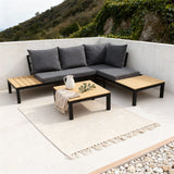 WLSF2506 White Aluminum Frame Light Wood Top L-Shaped Outdoor Sectional Sofa Set with Coffee Table & Ottomans – Mykonos Greece Coastal Terrace Modern Luxury Outdoor Furniture Set