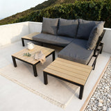 WLSF2506 White Aluminum Frame Light Wood Top L-Shaped Outdoor Sectional Sofa Set with Coffee Table & Ottomans – Mykonos Greece Coastal Terrace Modern Luxury Outdoor Furniture Set