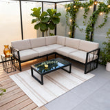 WLSF2508 Black Metal Frame L-Shaped Outdoor Sectional Sofa Set with Glass Coffee Table – Orange County Modern Patio Large Seating Furniture